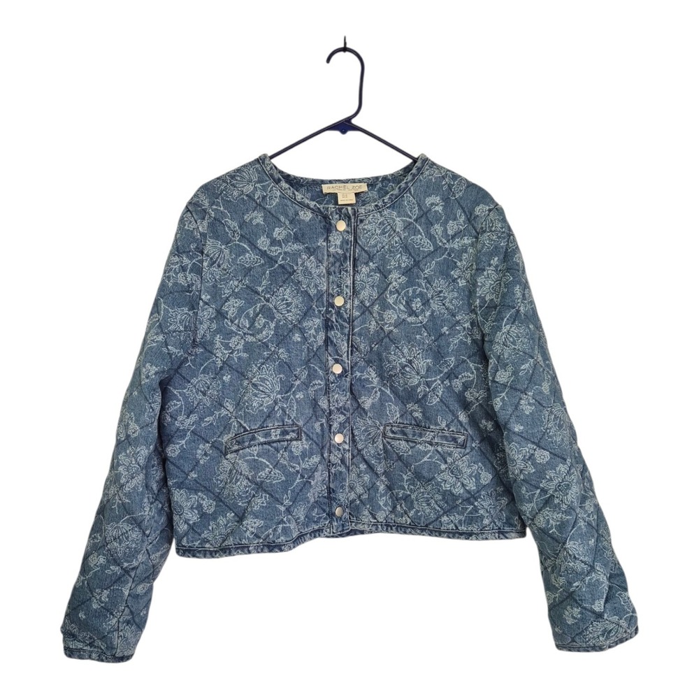 Rachel Zoe XL Quilted Denim Floral Jacket Blue Toile Cottagecore Boho Snap Front